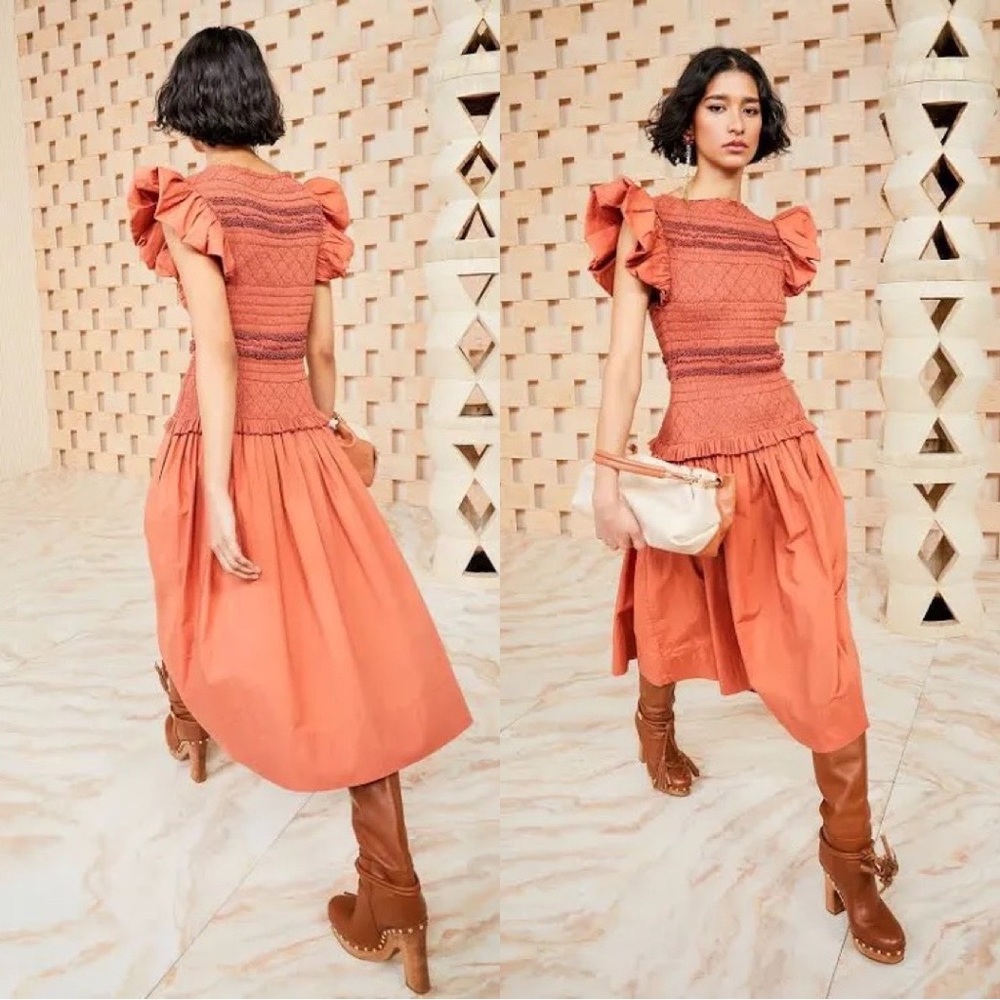 Nwt Ulla Johnson Smocked Flutter Sleeve Cotton Po… - image 1